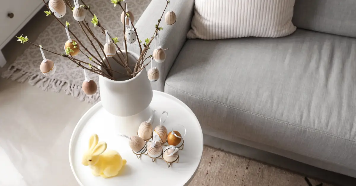 German Osterstrauch Easter egg tree branches in a white vase on a coffee table, with a small bunny decoration.