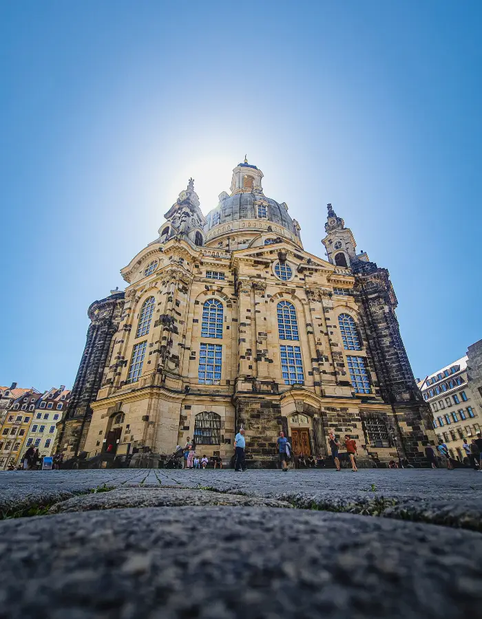 Exterior of the Frauenkirche in Dresden for a German landmarks coloring page for kids