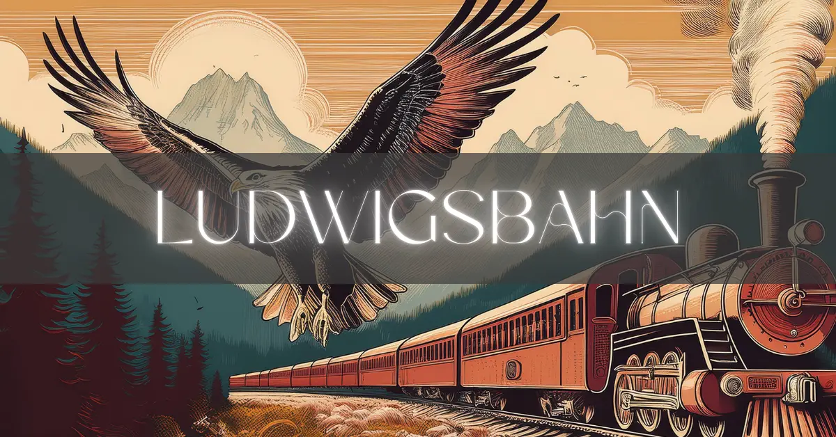 Artistic rendering of an eagle flying over a train in a mountainous region.