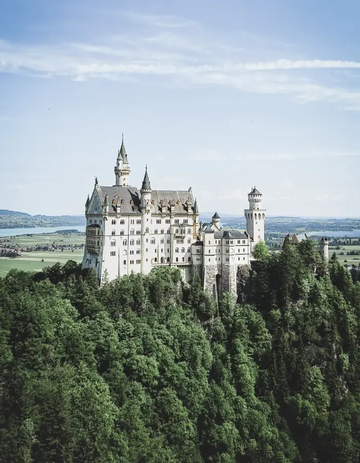 Neuschwanstein Castle above the Bavarian forest for printable Germany coloring pages about castles