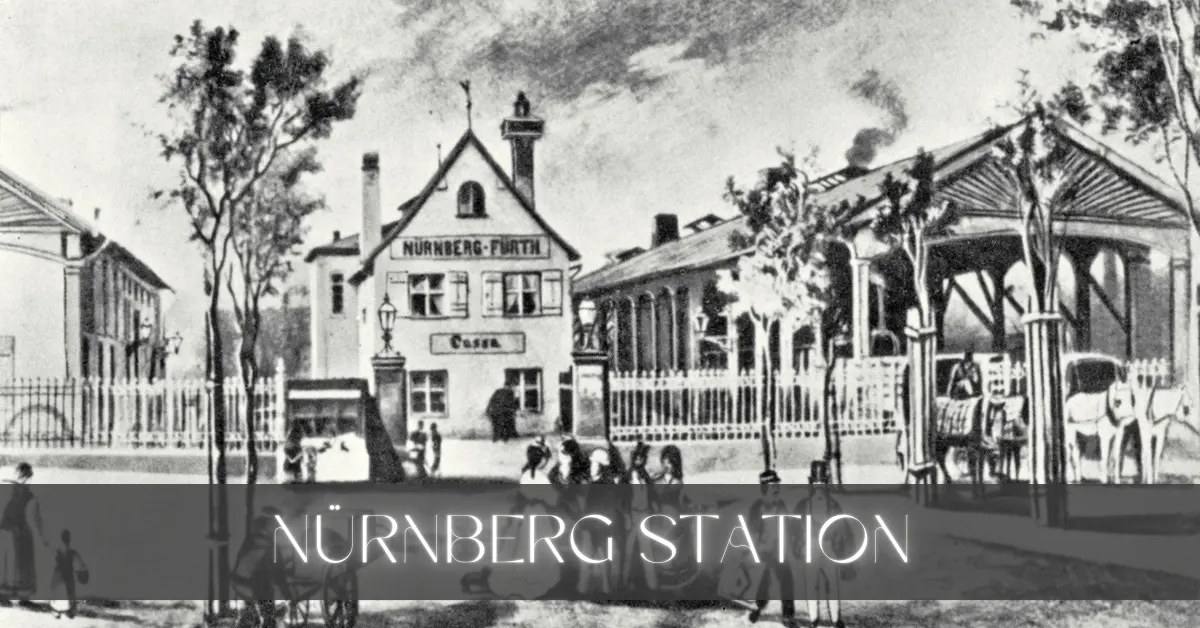 Black and white image of Nuremberg Train station from 1835