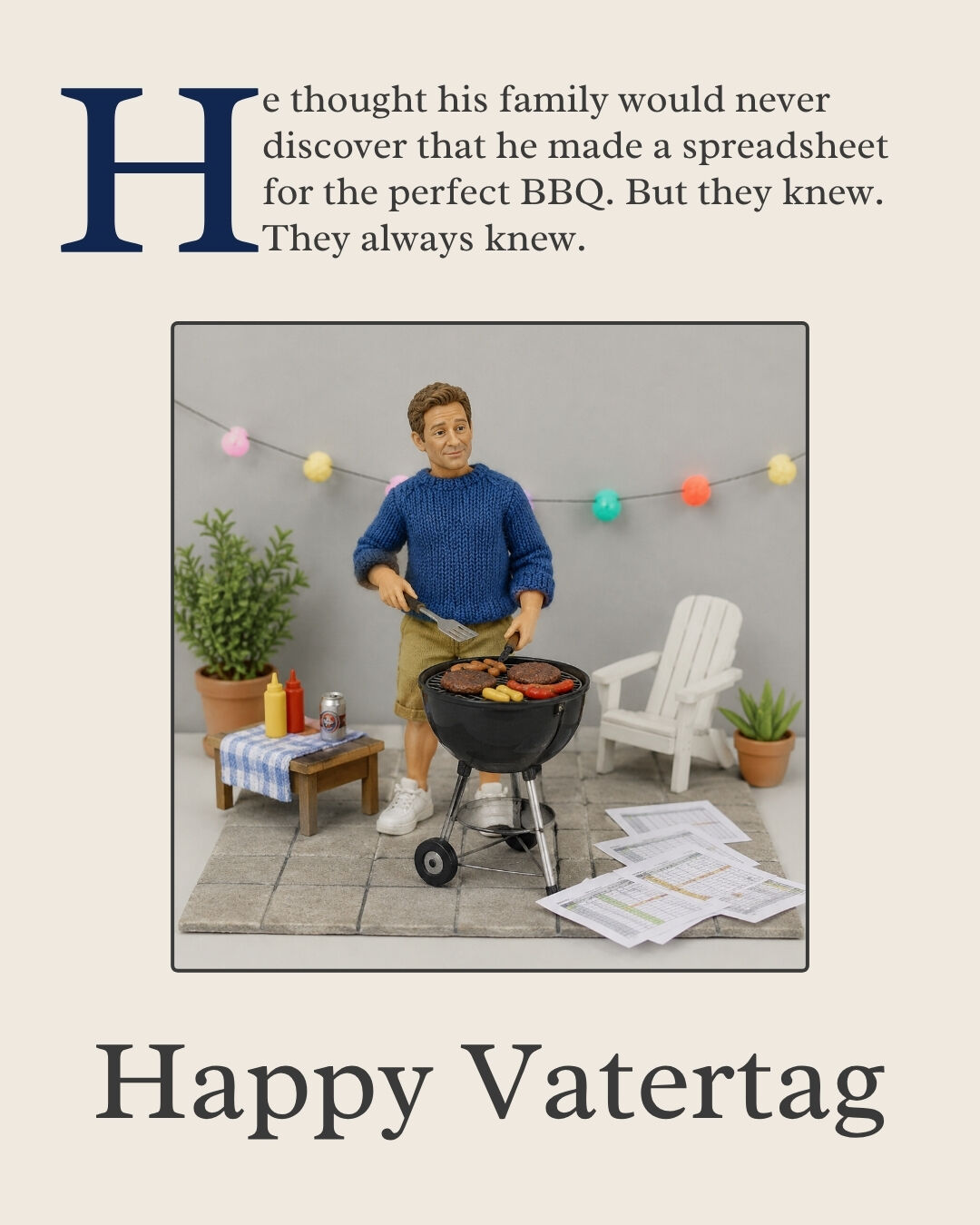 Happy Vatertag graphic with dad grilling at a barbecue beside spreadsheet papers.