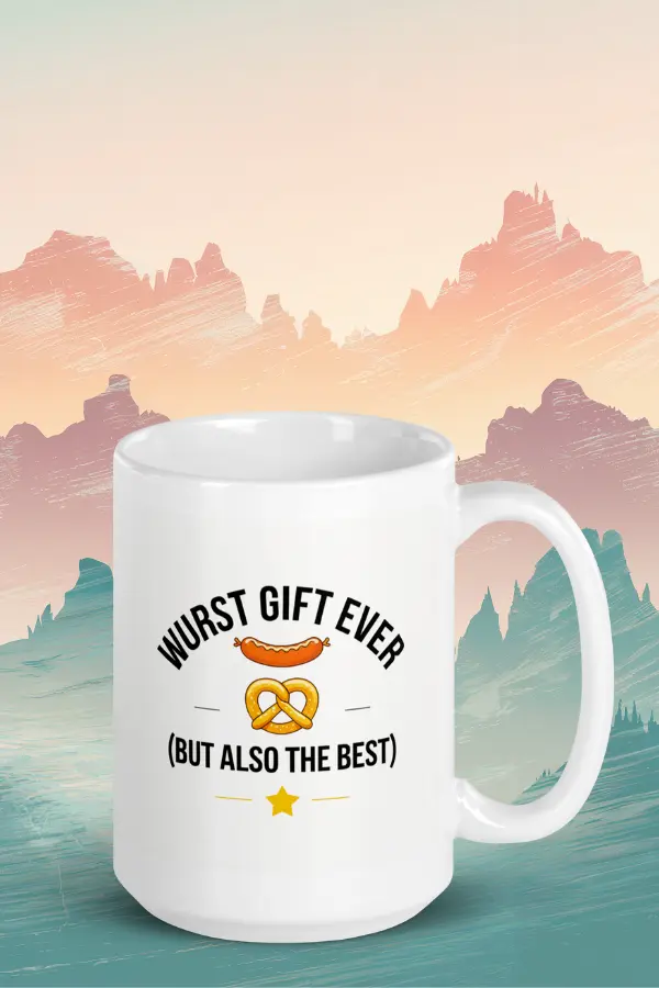 Wurst gift ever mug Funny German mug with a sausage and pretzel graphic. Text reads "Wurst Gift Ever (But Also the Best)." Background features an artistic, muted mountain landscape.