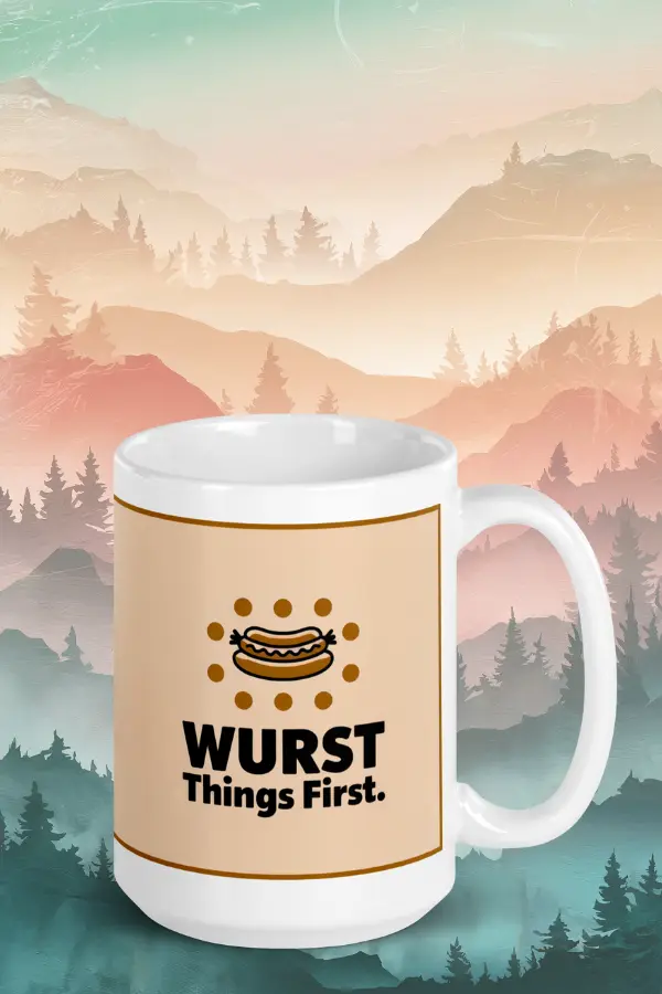 Wurst things first mug Funny German mug with a sausage graphic with the text "WURST Things First" against a backdrop of a misty mountain landscape with trees.