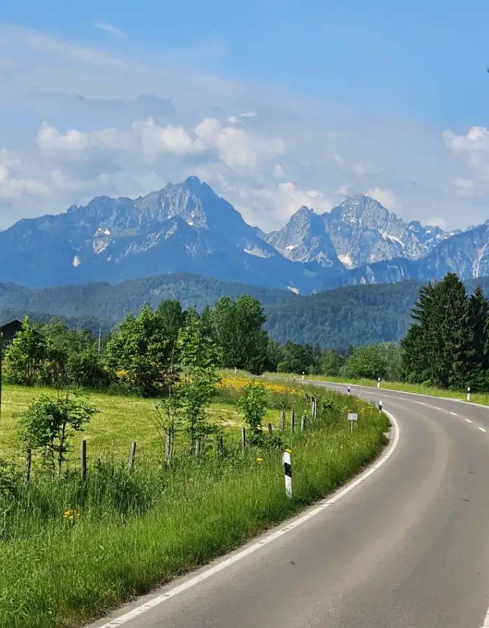 Scenic road through the Bavarian Alps for a nature-themed Germany coloring page for kids