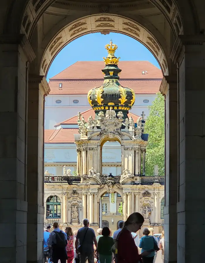 Crown Gate at Dresden’s Zwinger Palace framed by an arch for a German architecture coloring page