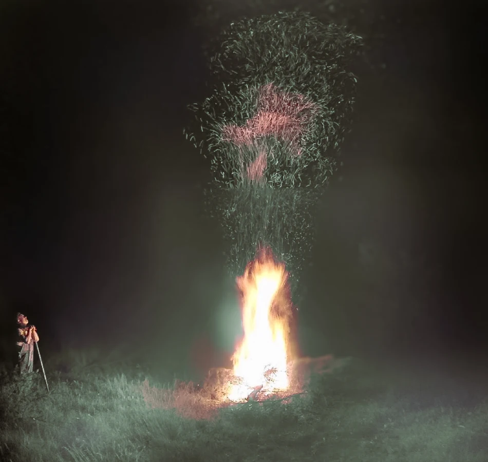Night bonfire with sparks rising, a German seasonal fire tradition linked to winter-driving spring customs.