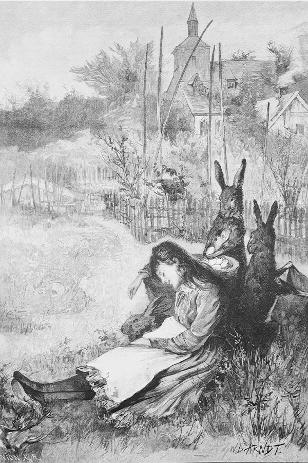 A girl sleeping on grass, accompanied by two hares. A rural landscape with a house and church is in the background.