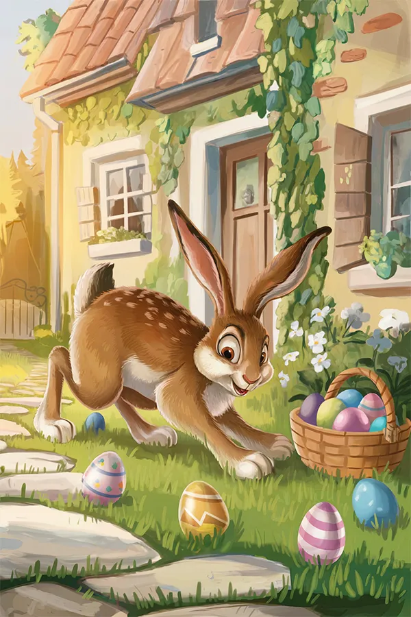 Easter Bunny & Eggs A cheerful bunny finds decorated eggs outside a charming cottage with ivy on the walls.