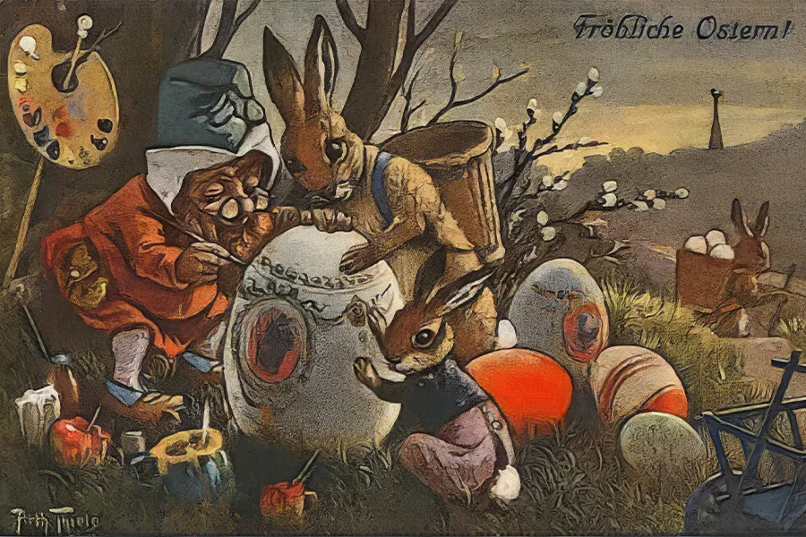 Bunnies painting Easter eggs outdoors, surrounded by trees and various art supplies.