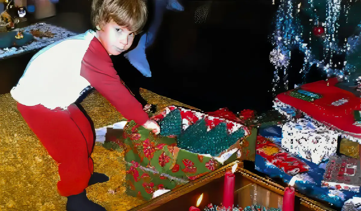 Young boy in red pajamas opens a wrapped Christmas present near a decorated tree, surrounded by colorful gifts and holiday lights.