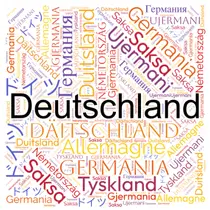 A colorful word cloud centered around the word "Deutschland," surrounded by translations of "Germany" in various languages, including French, Spanish, Japanese, and Russian.