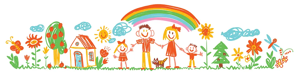 A colorful childlike crayon drawing of a happy family—two parents and three children—standing under a rainbow beside a house, trees, flowers, and sunshine.