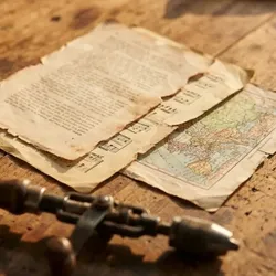Old documents and a map on a wooden table, research on famous Germans in history
