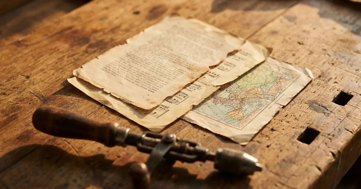 Old documents and a map on a wooden table, research on famous Germans in history