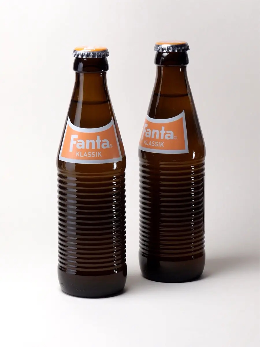 Two brown glass bottles of Fanta Klassik, the original German version of the soda.