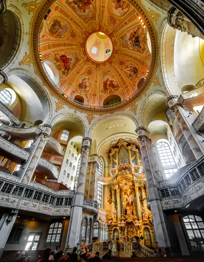 Ornate interior of the Frauenkirche in Dresden for a German landmarks coloring page activity