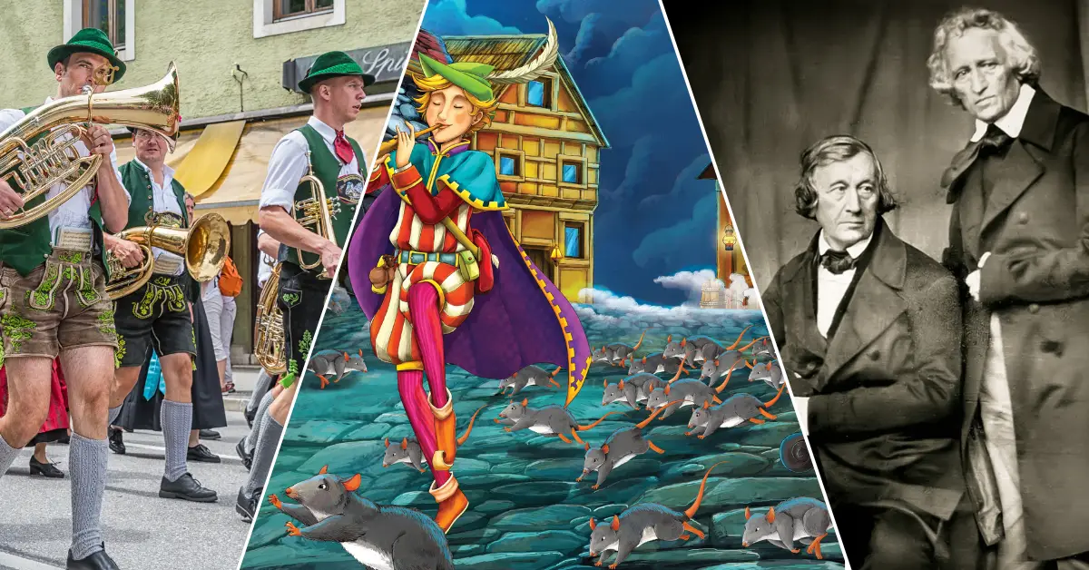 German Culture Collage showing three aspects of German culture: a traditional brass band parade with men in lederhosen, an illustrated scene of the Pied Piper leading a swarm of rats, and a vintage portrait of the Brothers Grimm in formal attire.