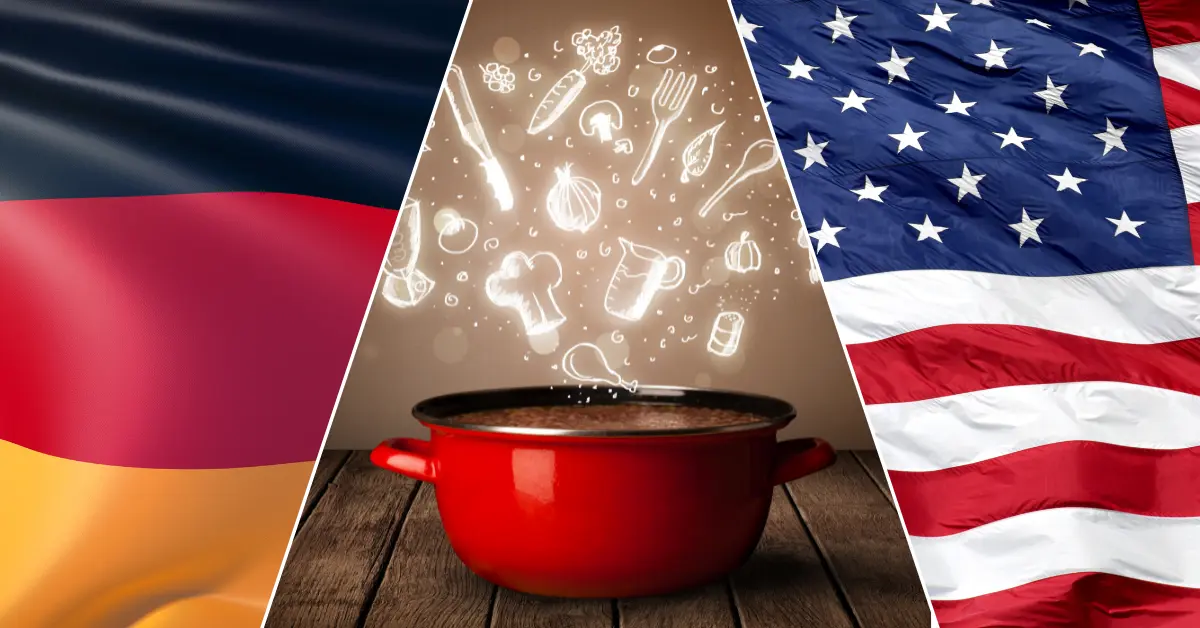 German Fusion Recipes Conceptual collage with the German flag on the left, the U.S. flag on the right, and a steaming red cooking pot in the center on a wooden table, surrounded by whimsical white cooking icons floating upward—symbolizing the fusion of German and American culinary traditions.