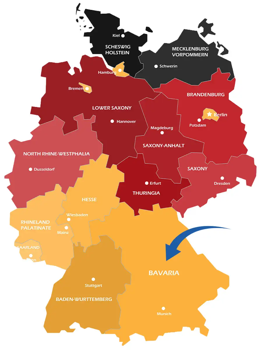 Color-coded map of Germany with an arrow pointing to Bavaria, highlighting its location and major cities like Munich.