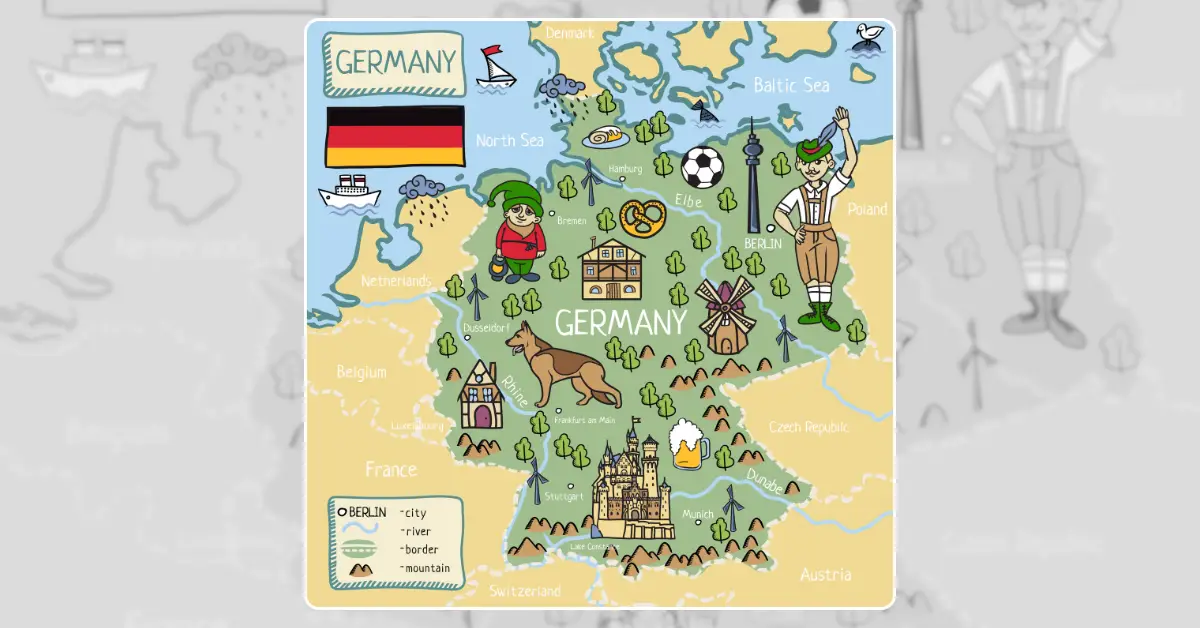 Cartoon map of Germany with fun icons showing landmarks, foods, and cultural symbols.
