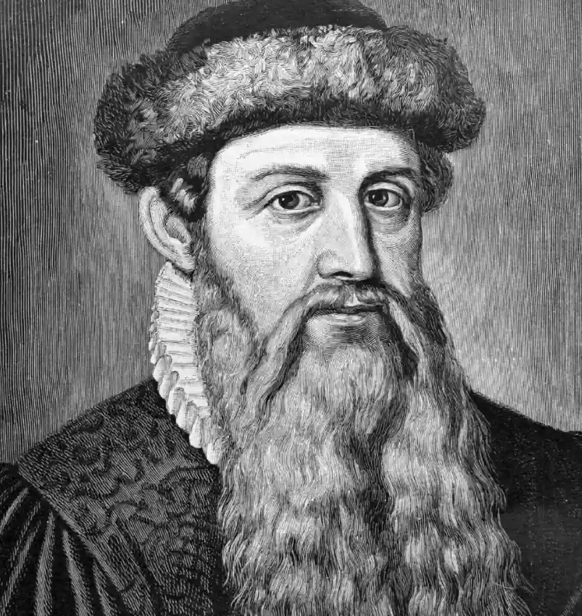 Engraved portrait of Johannes Gutenberg, German printing pioneer in history