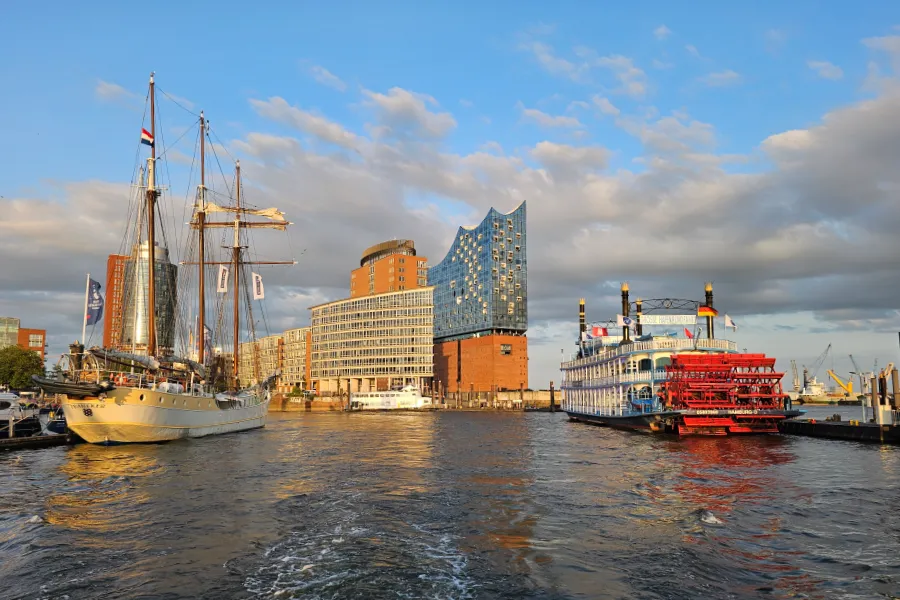 Hamburg harbor with sailboats, river boats, and the Elbphilharmonie for a German city coloring page