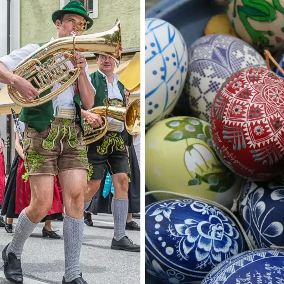 Split image showing a traditional German brass band in lederhosen on the left, and intricately painted Easter eggs with folk designs on the right.