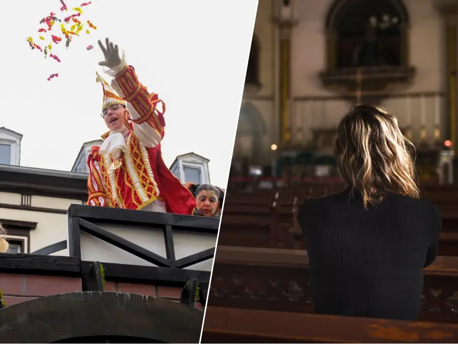 Split image: Karneval performer tossing candy, and a person alone in church pews, the shift to Lent in Germany.