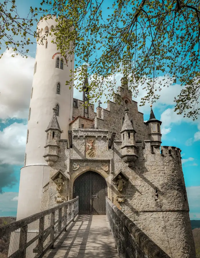 Entrance to Lichtenstein Castle in Germany for a printable castle coloring page
