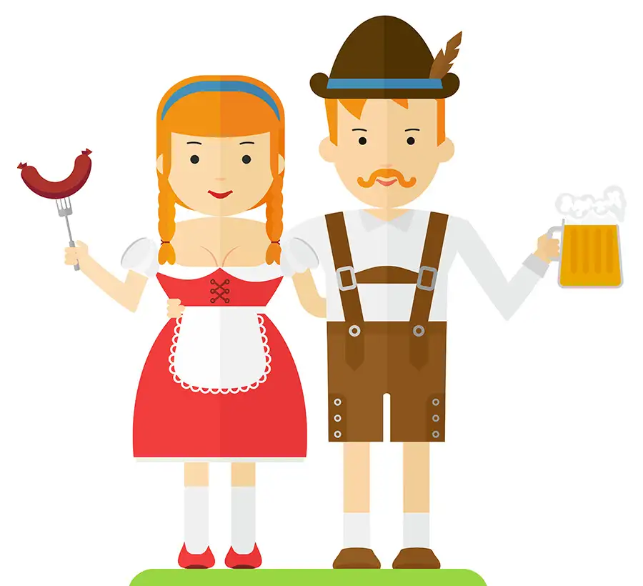 Illustration of a smiling couple dressed in traditional Bavarian clothing—dirndl and lederhosen—holding a sausage and a beer mug.