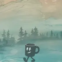 A whimsical illustration of a smiling, walking coffee mug set against a dreamy, pastel-toned background with trees and misty mountains.