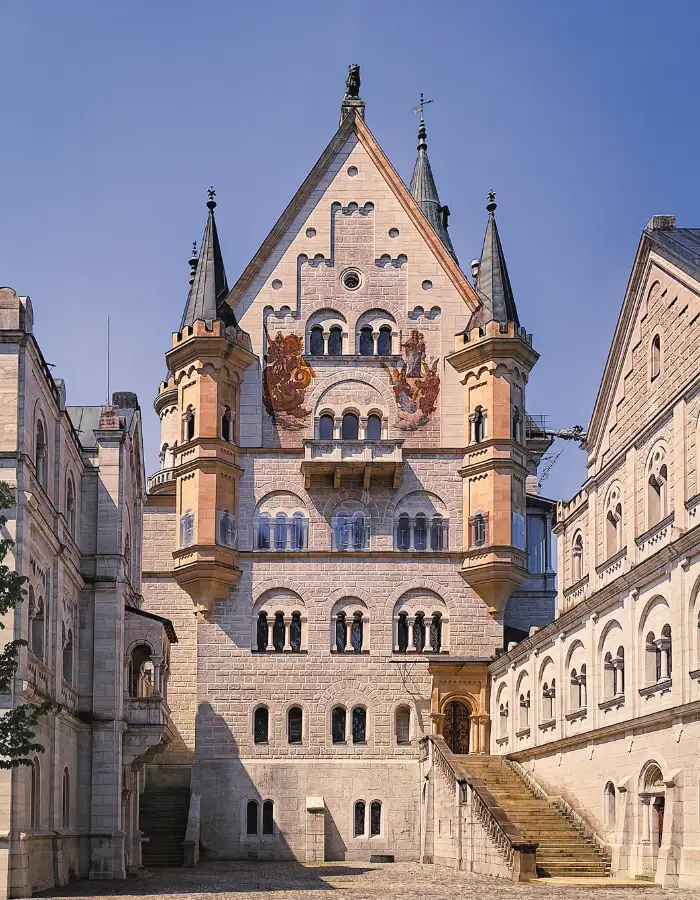 Neuschwanstein Castle courtyard in Bavaria for printable Germany coloring pages about famous castles