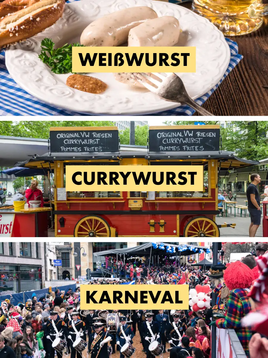 Three-part collage showing: Weißwurst with a pretzel and beer; a Currywurst food stand; and a Karneval parade with marching bands and costumes.