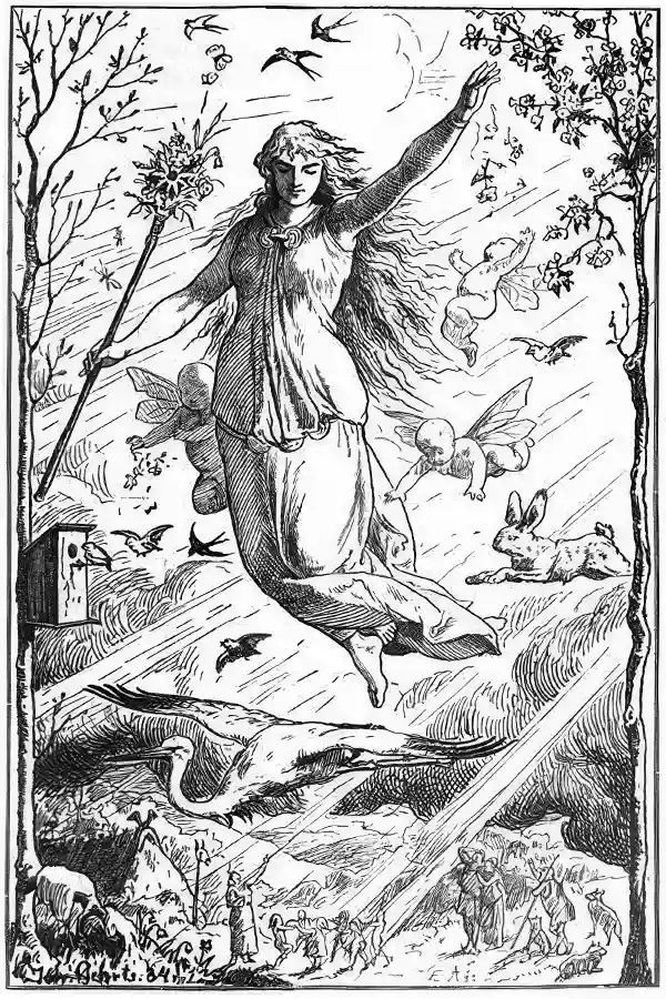 Drawing of the mythical figure Ostara, flying in the air surrounded by rabbits, cupids and birds.