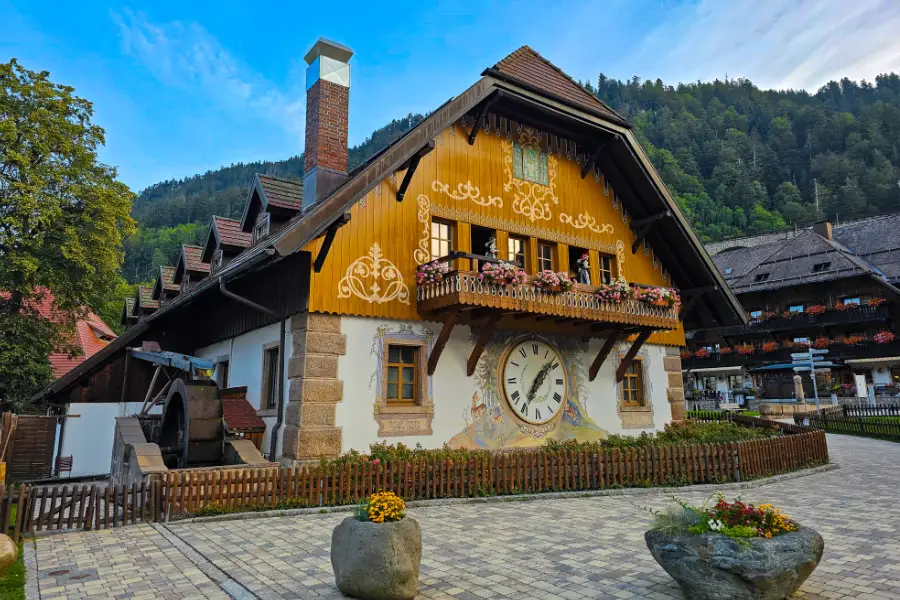 Traditional Black Forest clock house near Ravenna Gorge for a German culture coloring page