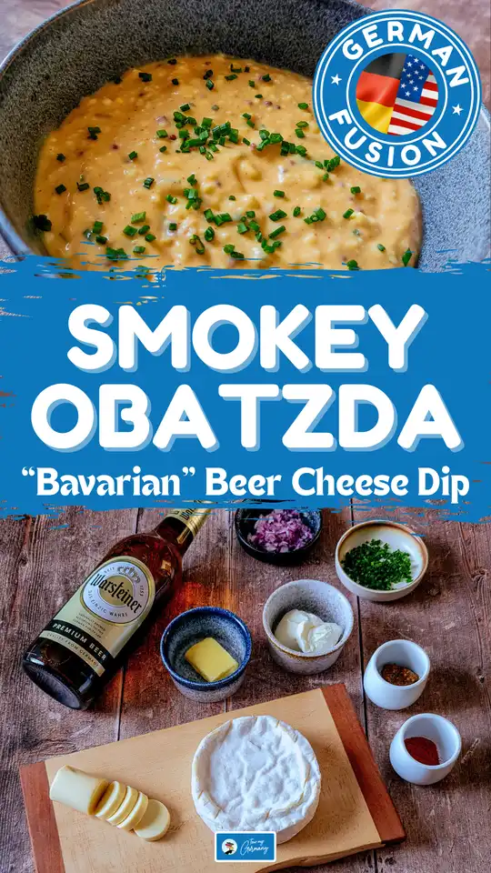 A smokey Obatzda recipe based on the traditional Bavarian beer cheese dip. Pinterest graphic for Smokey Obatzda recipe, a German-American fusion beer cheese dip made with Camembert, smoked cheddar, and beer. Includes ingredients and final dish.