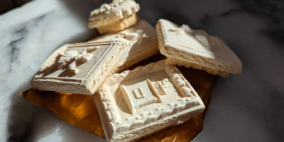 Side view of traditional Springerle cookies showing the layered interior and embossed surface.