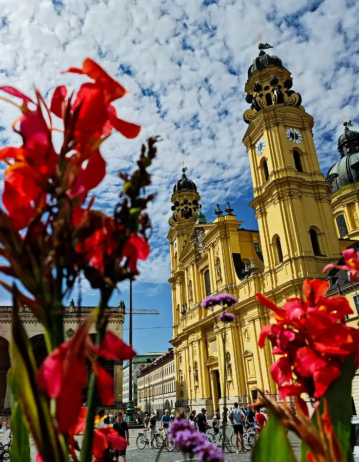 Yellow Theatinerkirche in Munich with flowers, featured in Germany coloring pages for kids