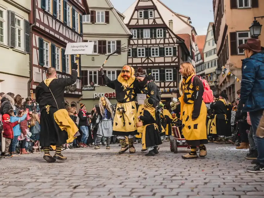 Masked carnival group in yellow and black costumes on a cobblestone street in Germany, crowd watching