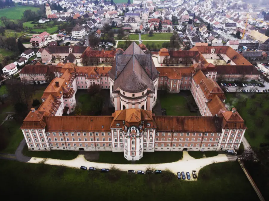 Aerial view of Wiblingen Abbey near Ulm, Germany, a reminder of strict medieval fasting rules and monastic life.