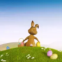 Illustrated Easter bunny sitting on a grassy hilltop with a basket of colorful eggs, looking out at a bright blue sky with scattered Easter eggs around.