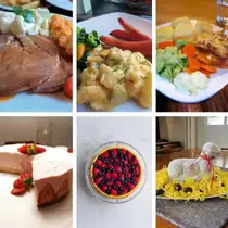 Collage of traditional German Easter dishes including meats, potatoes, desserts, and an Easter lamb cake, each displayed in separate frames.