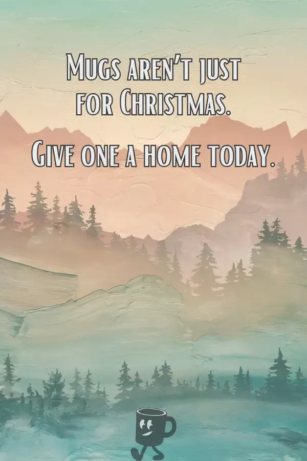 Small smiling mug walking in front of background showing a serene landscape with mountains and trees.