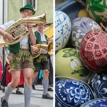 Split image showing a traditional Bavarian band marching in lederhosen on the left, and intricately painted Easter eggs on the right.